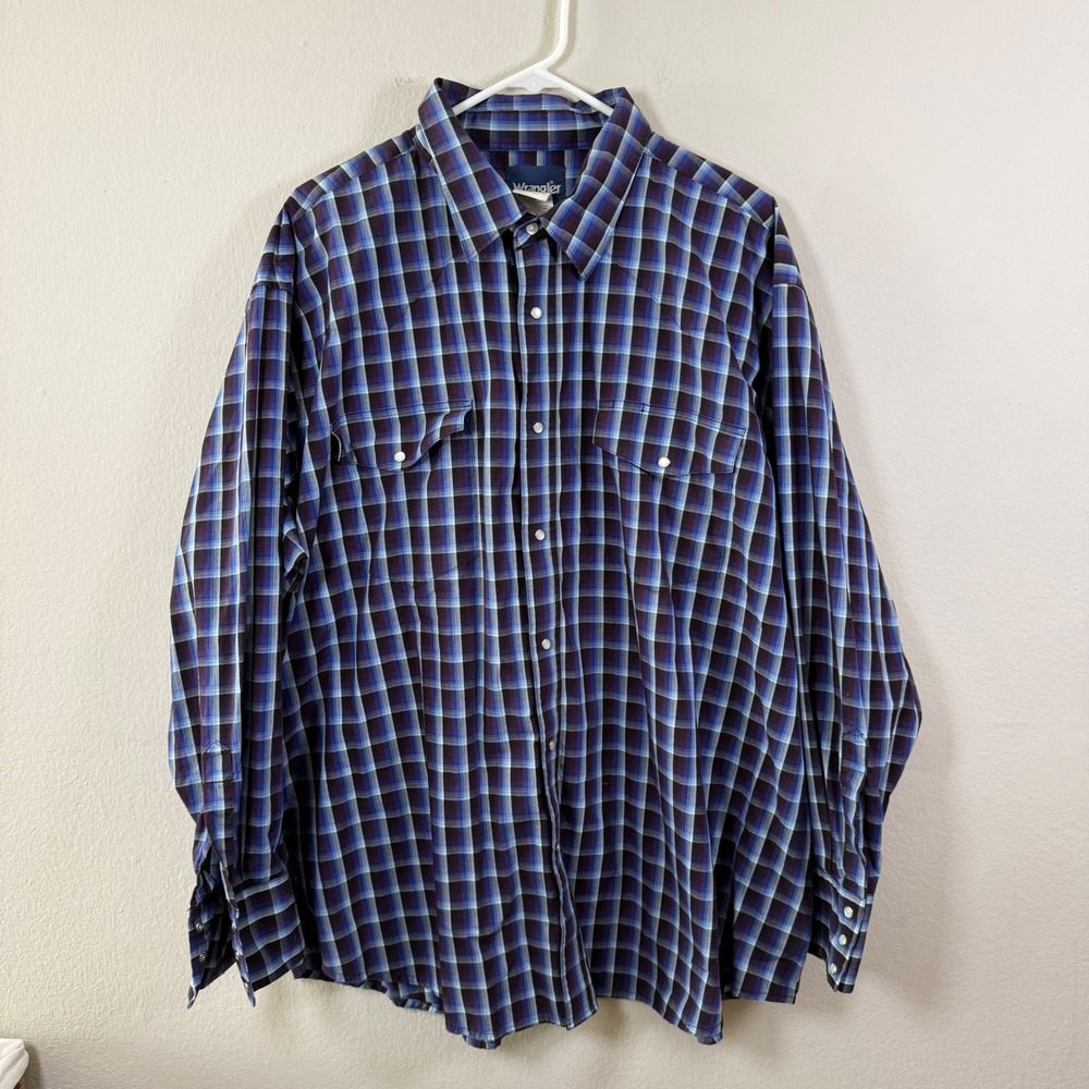 Wrangler Mens 3XL Blue Purple Plaid Western Pearl Snap Cotton‎ Shirt MWR161M